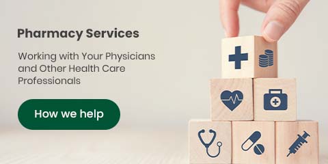 A picture displaying a hand arranging cubes into a pyramid with text reading: Pharmacy Services.
